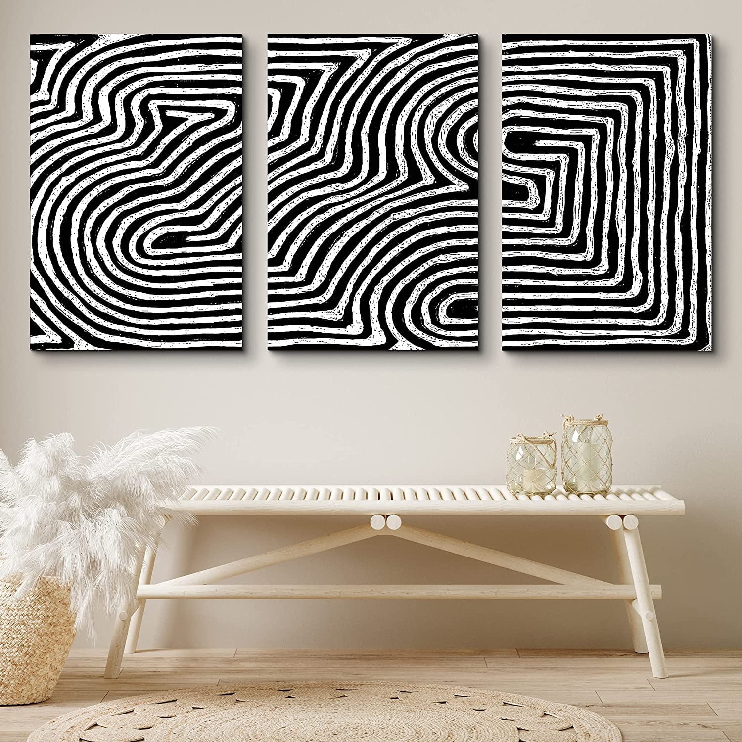 PixonSign Canvas Print Wall Art Set Smooth and Bumpy Line Pattern Geometric Shapes Illustrations Modern Art Contemporary Edgy Dark Black and White for Living Room, Bedroom, Office - 16