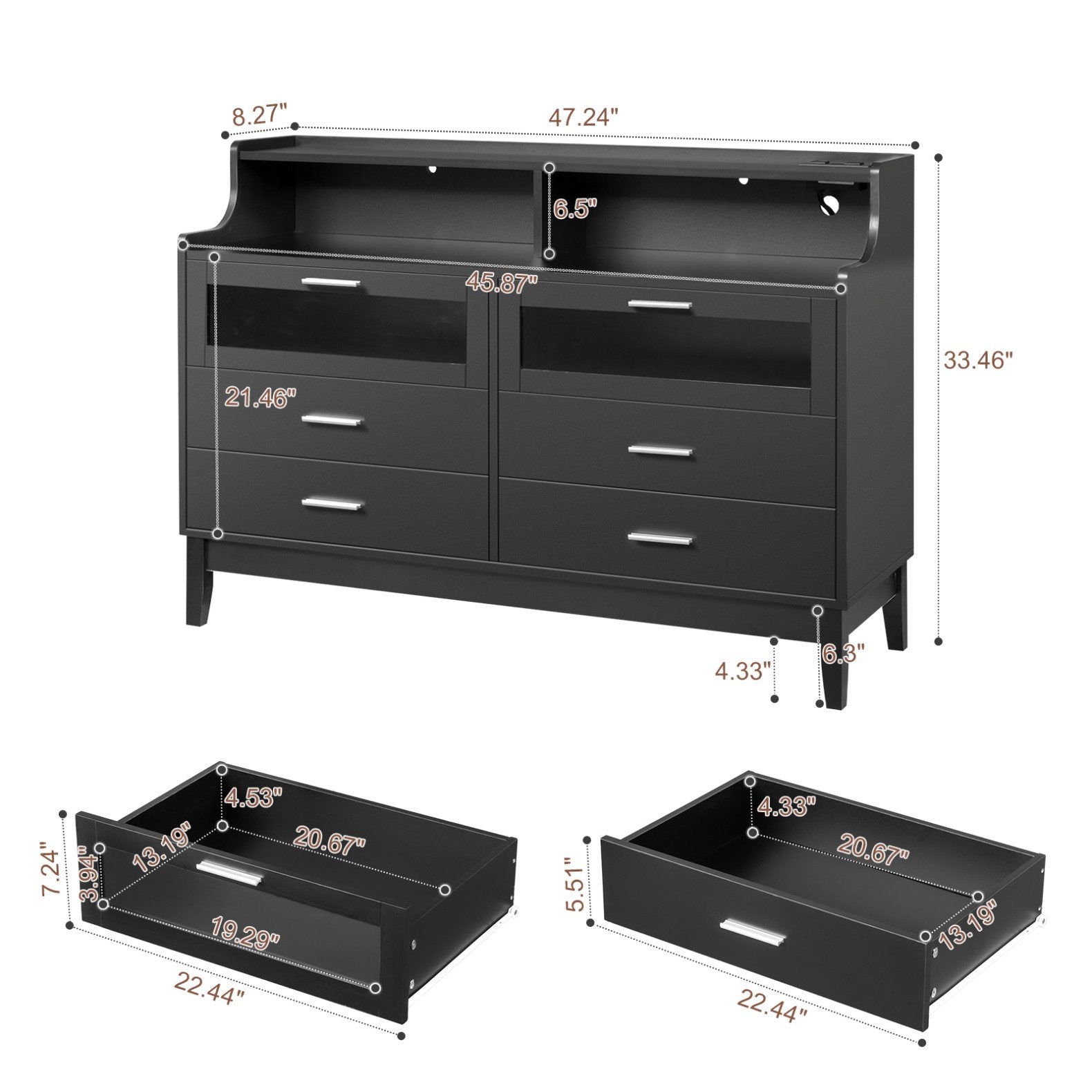 6 Drawer Dresser with Charging Station, 47.24