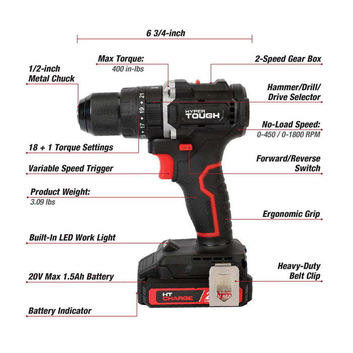 Hyper Tough 20V Max Brushless 2-Speed Cordless Hammer Drill with 1.5Ah Lithium-Ion Battery and Charger - open_box