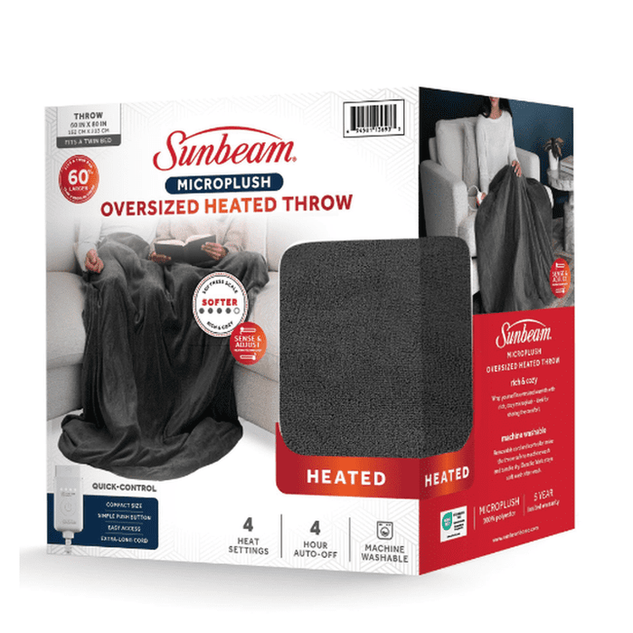 Sunbeam Electric Heated Throw Blanket Oversize Grey stone Microplush 4 Heat Settings - new
