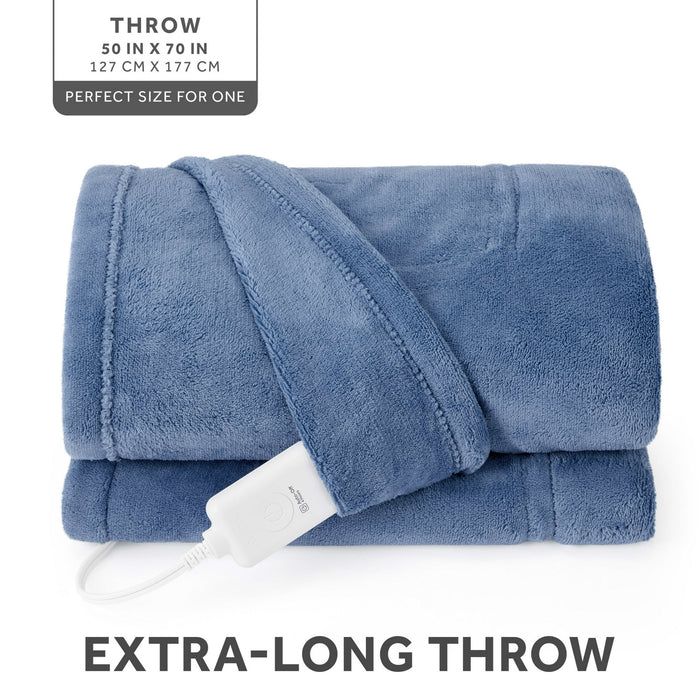 Sunbeam Electric Heated Throw Blanket Oversize Blue Corduroy Microplush 4 Heat Settings - new