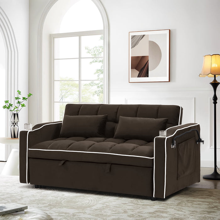 Dinosisco 3-in-1 Convertible Loveseat Sleeper, 55" Futon Sofa Bed with Phone Stand, USB, Brown Velvet - new