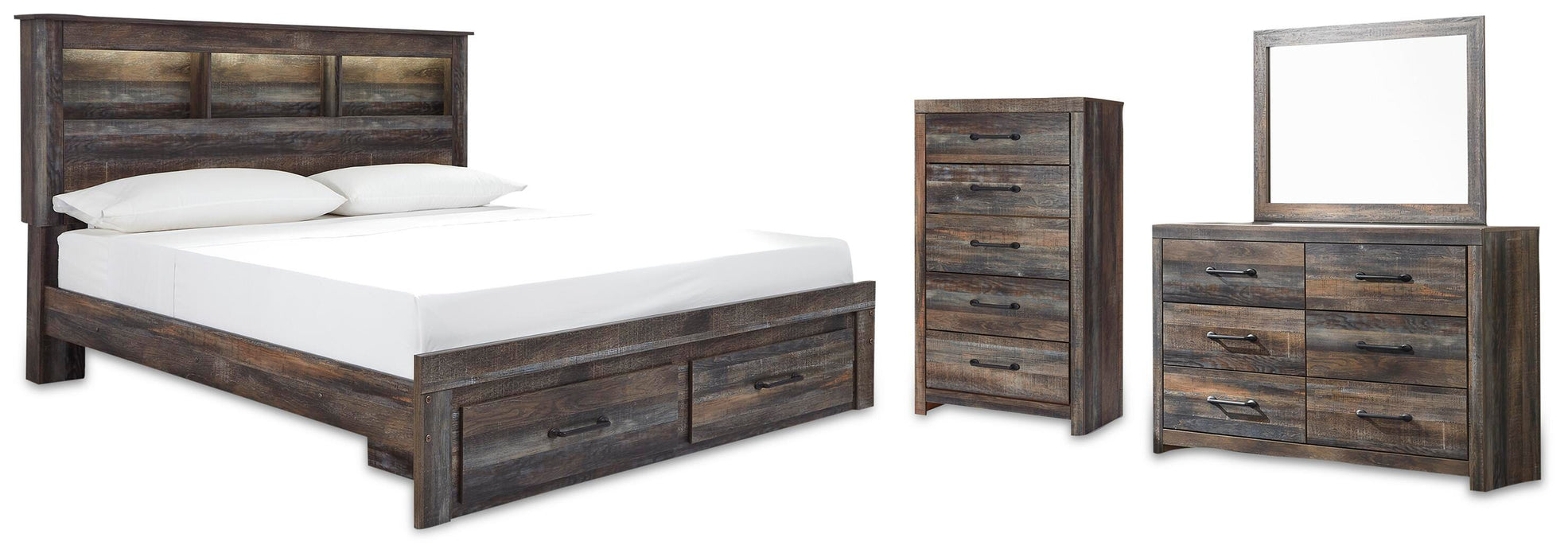 Drystan Multi Drystan King Bookcase Bed with 2 Storage Drawers with Mirrored Dresser and Chest