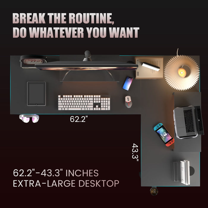 GTRACING L-Shaped Gaming Desk with RGB Light and Removable Storage Stands, Black - open_box
