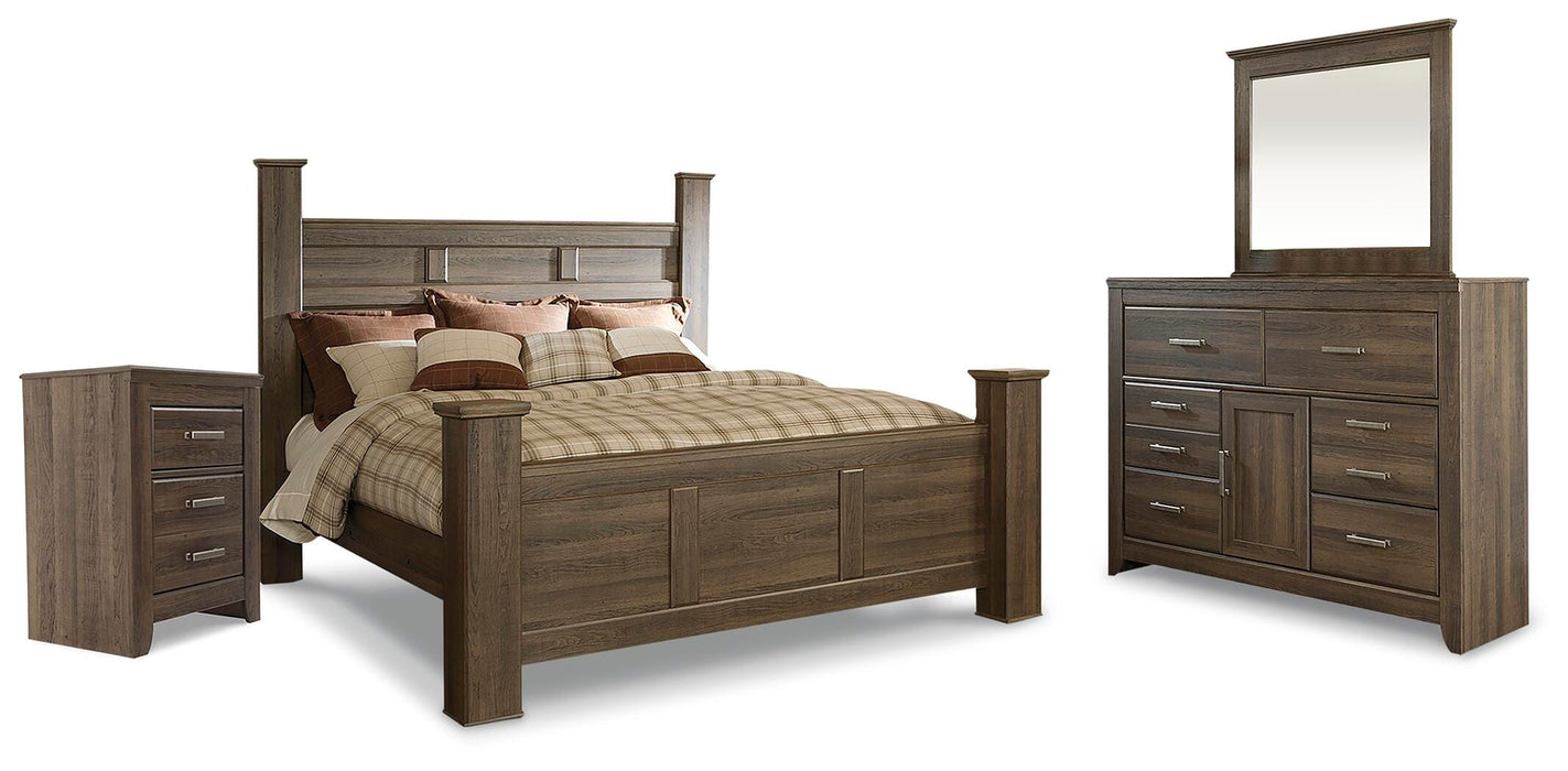 Juararo Dark Brown Juararo King Poster Bed with Mirrored Dresser and Nightstand