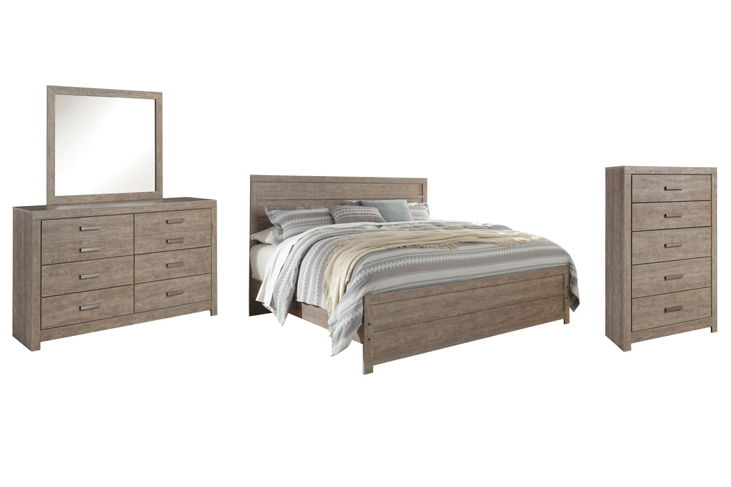 Culverbach Gray Culverbach King Panel Bed with Mirrored Dresser and Chest - Brand New