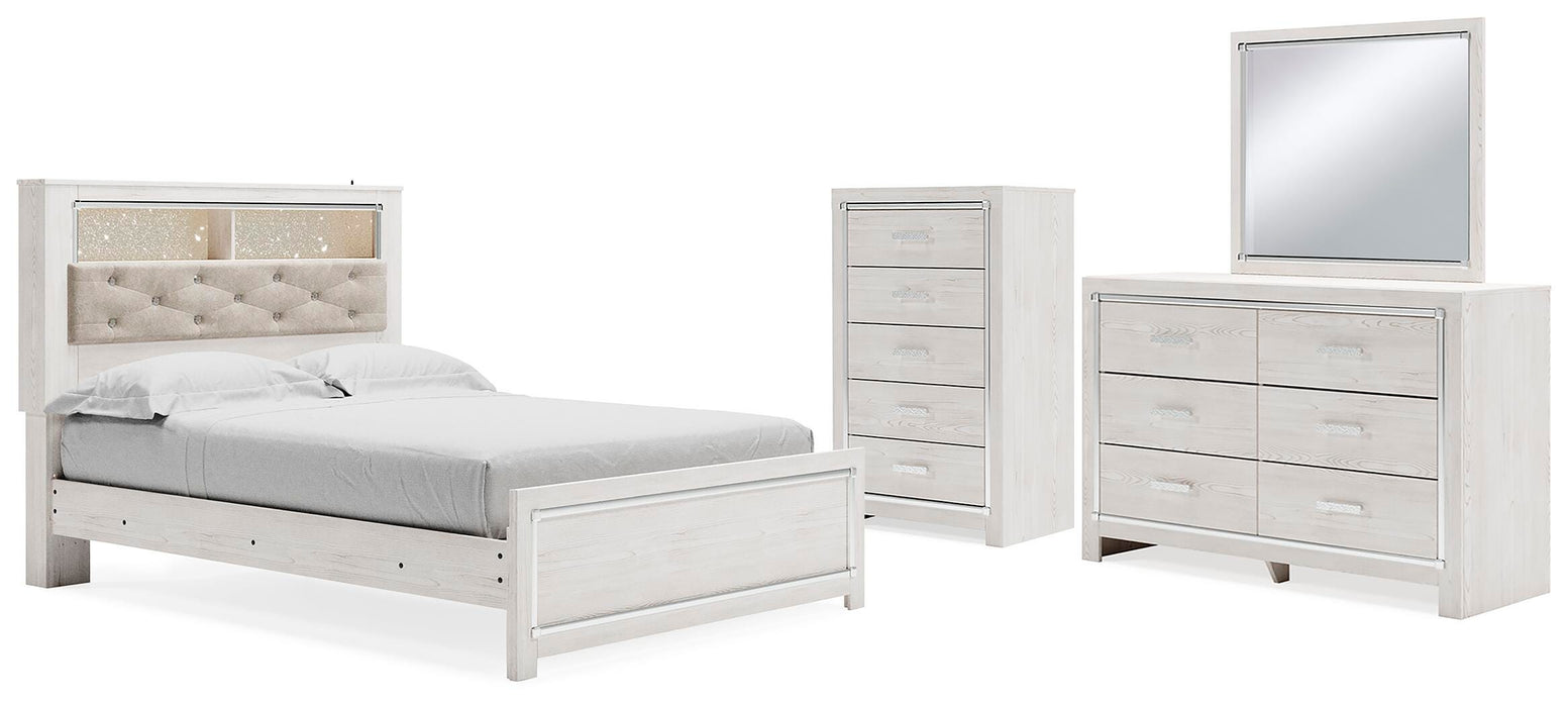 Altyra White Altyra Queen Panel Bookcase Bed with Mirrored Dresser and Chest