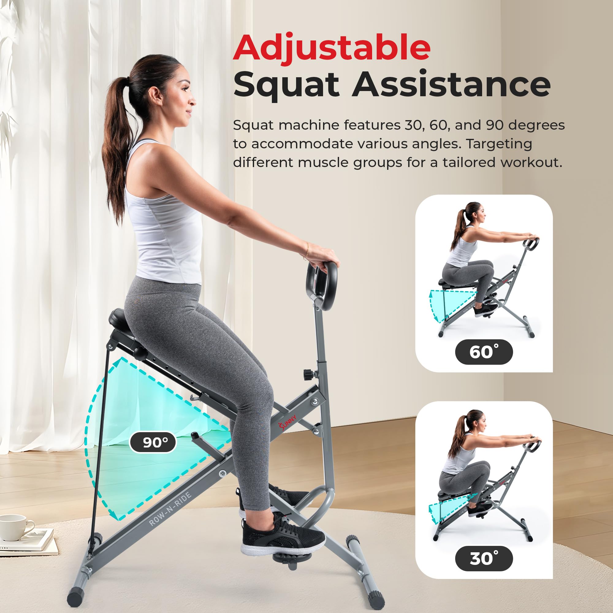 Sunny Health & Fitness Squat Assist Row-N-Ride™ Trainer for Glutes Workout with Online Training Video - new