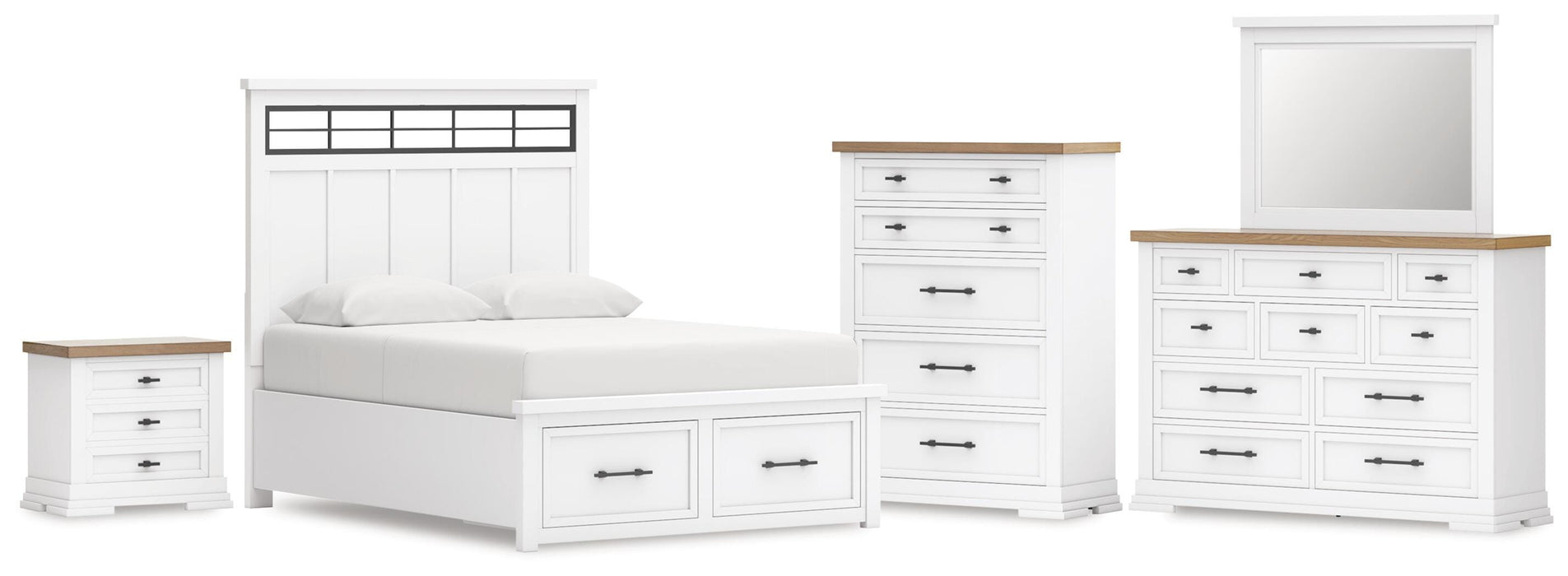 Ashbryn White/Natural Ashbryn Queen Panel Storage Bed, Dresser, Mirror, Chest and Nightstand
