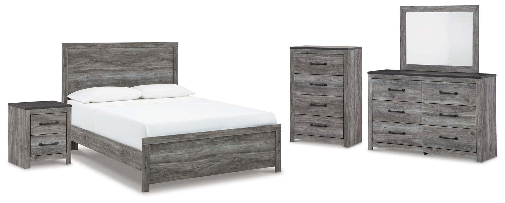 Bronyan Dark Gray Bronyan Queen Panel Bed with Mirrored Dresser, Chest and Nightstand