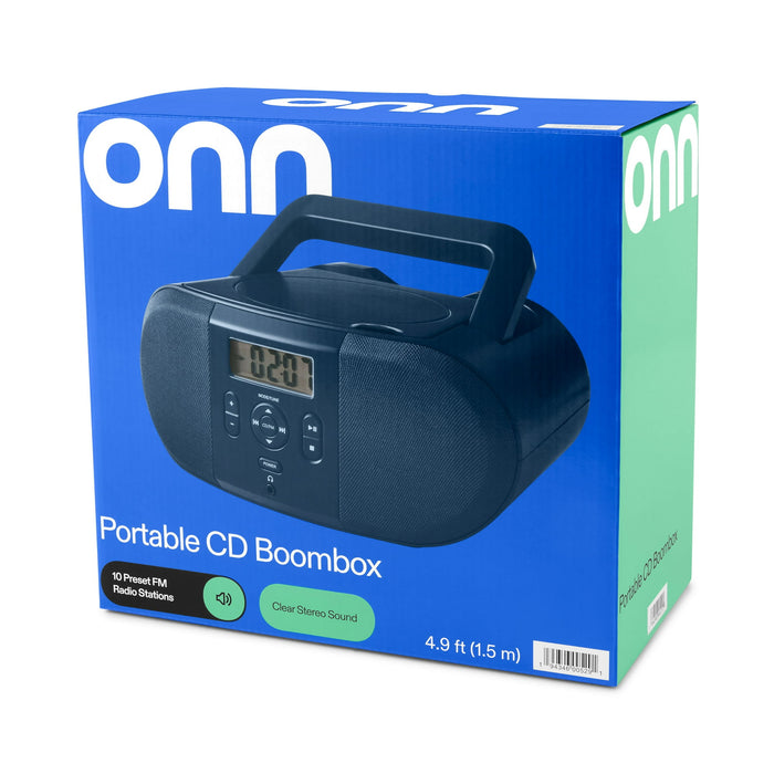 onn. Portable CD Boombox with Digital FM Radio, Navy - new