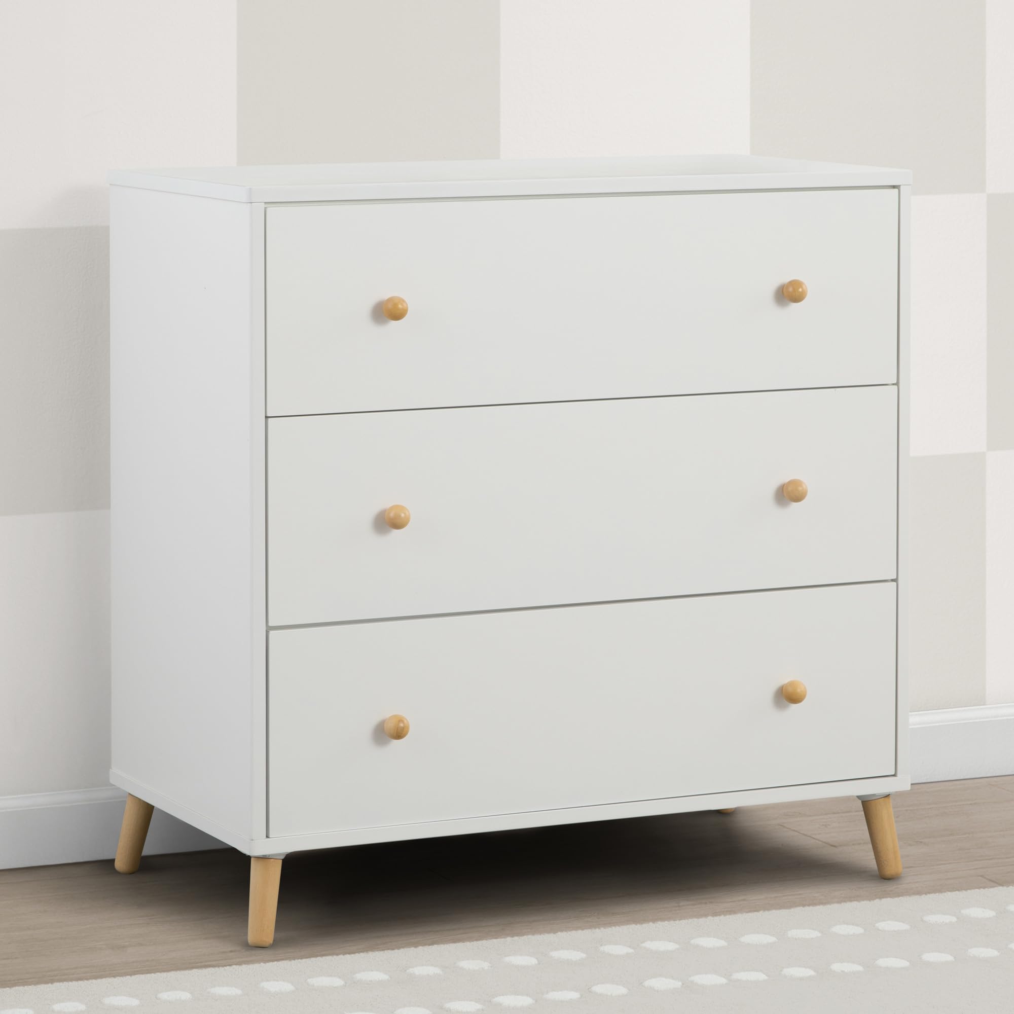 Delta Children Essex 3 Drawer Dresser with Interlocking Drawers, Bianca White/Natural - new