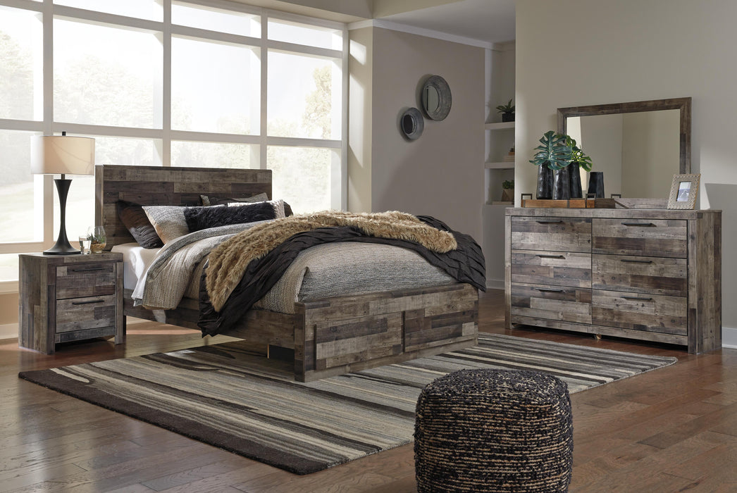 Derekson Multi Gray Derekson Queen Panel Bed with 2 Storage Drawers with Mirrored Dresser and Nightstand