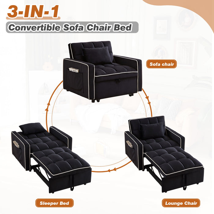 Dinosisco 3-in-1 Convertible Chair Bed, Sleeper Chair Lounge Chair Indoor, Modern Single Pull Out Couch for Living Room, Black Velvet - new