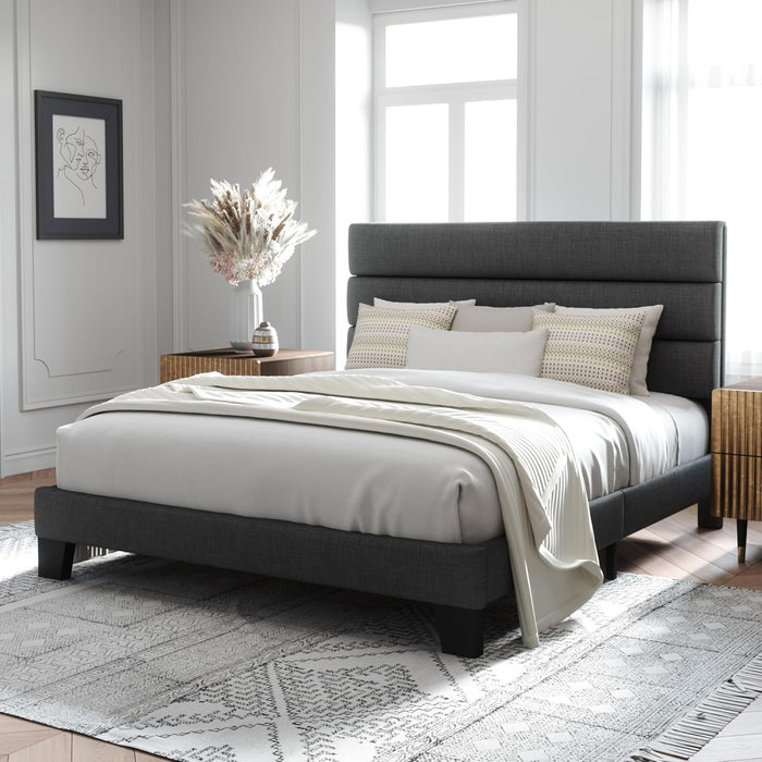 Allewie Queen Size Platform Bed Frame with Fabric Upholstered Headboard and Wooden Slats Support, Fully Upholstered Mattress Foundation/No Box Spring Needed/Easy Assembly, Dark Grey - new