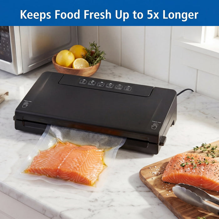 Mainstays Food Vacuum Sealer Machine, Powerful Multi-Mode Food Sealer With Built-In Bag Cutter & Storage, Accessory Port for Jars/Canisters, Includes (1) 11 in Roll, For Meal Prep & Freezer Storage - new