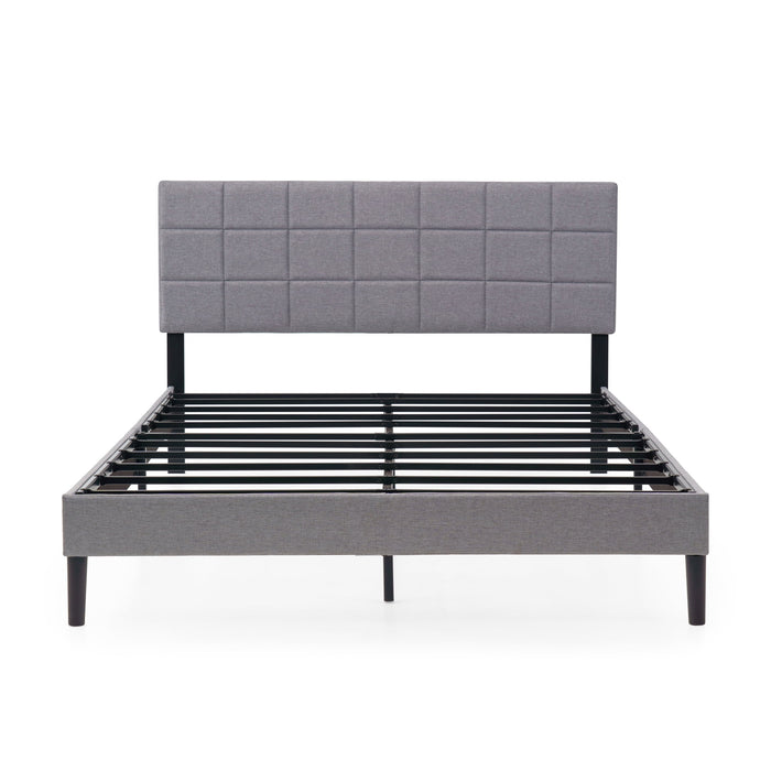 Mainstays Gray Upholstered Square Tufted Platform Bed, No Box Spring Needed, Queen - new