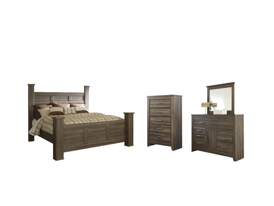 Juararo Dark Brown Juararo California King Poster Bed with Mirrored Dresser and Chest