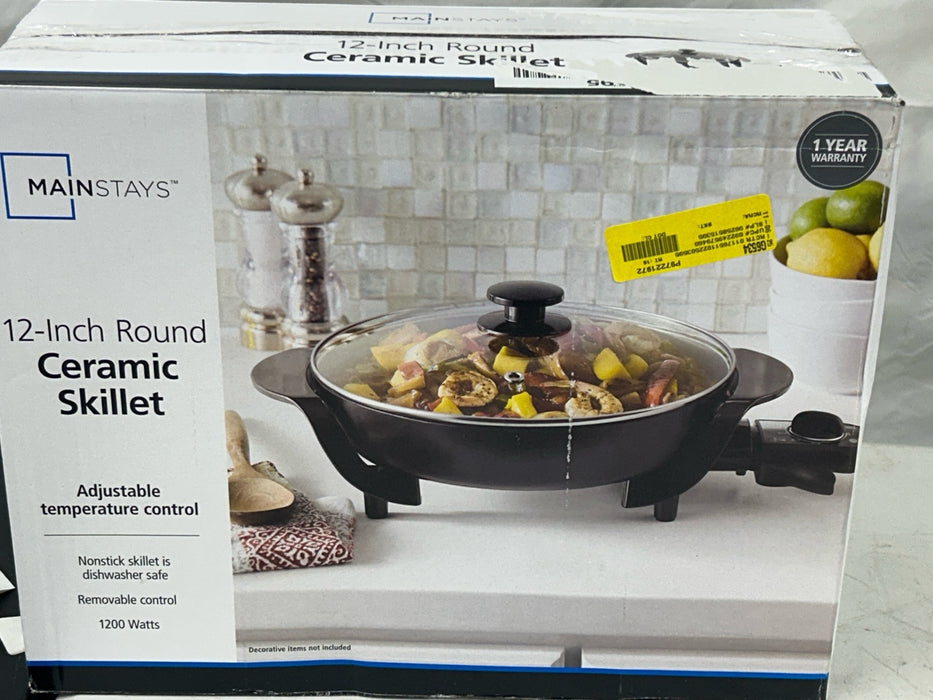Mainstays 12" Round Ceramic Skillet, Black,Nonstick, 1200W, Removable Temp Control, Dishwasher Safe - new