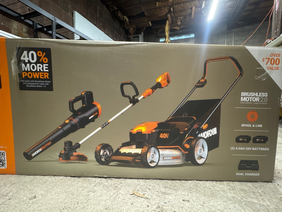 Worx 40v Combo, Includes 20" Push Mower, 13" String Trimmer, Quiet Tech Blower - use_like_new
