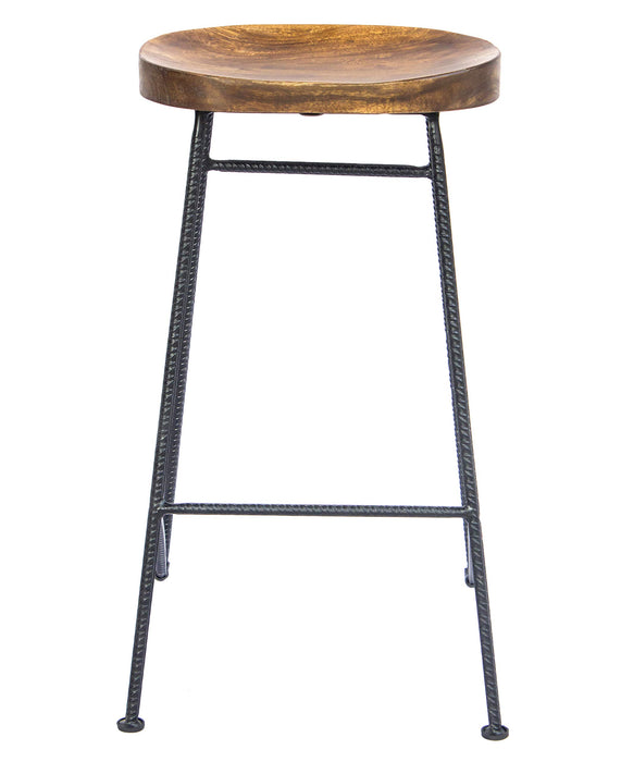 Mango Wood Saddle Seat Bar Stool With Iron Rod Legs - new