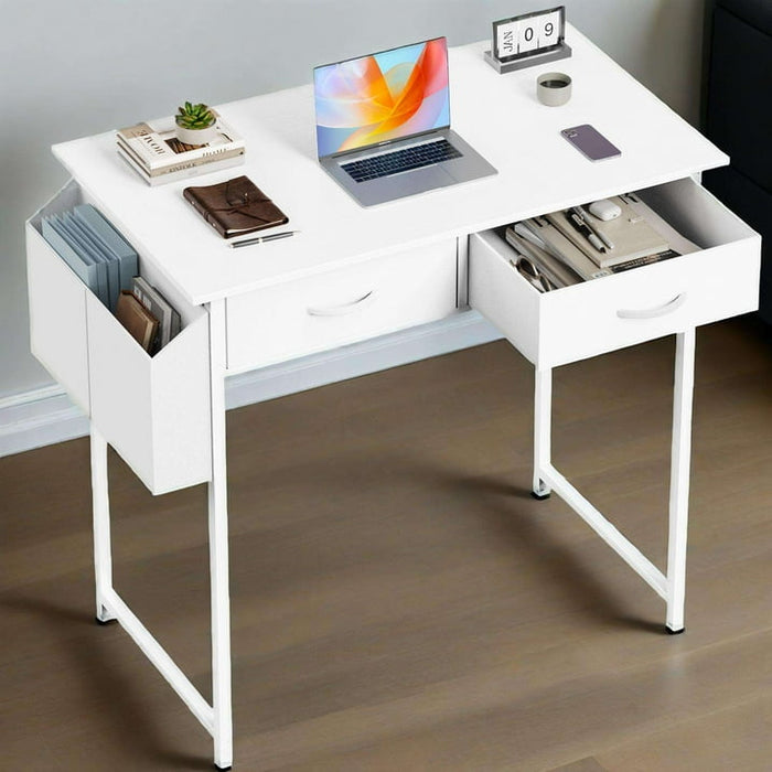 Gianna 32 Inch Desk with 2 Drawers Home Office Computer PC Table with Fabric Storage Bag, Study Writing Wood Deskboard for Small Spaces,White - open_box