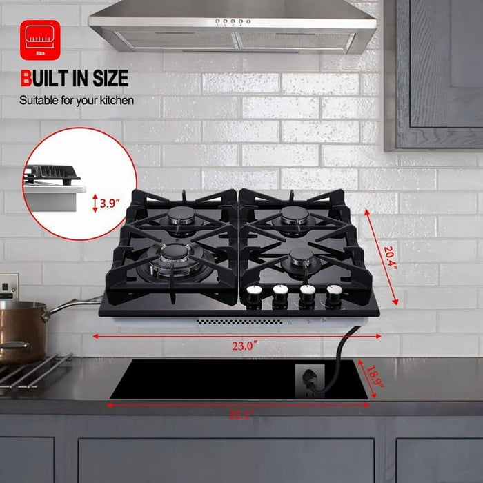 4-Burners Gas Cooktop 24 inch Stainless Steel Tempered Glass NG/LPG Convertible - open_box