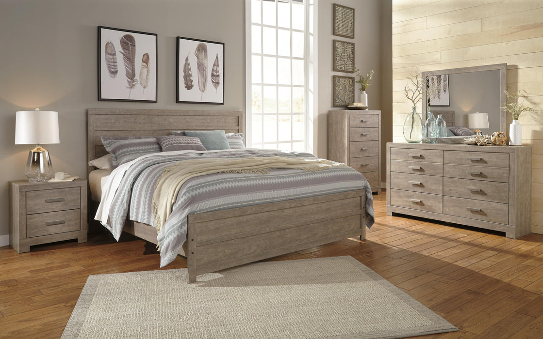 Culverbach Gray Culverbach King Panel Bed with Mirrored Dresser and Chest - Brand New