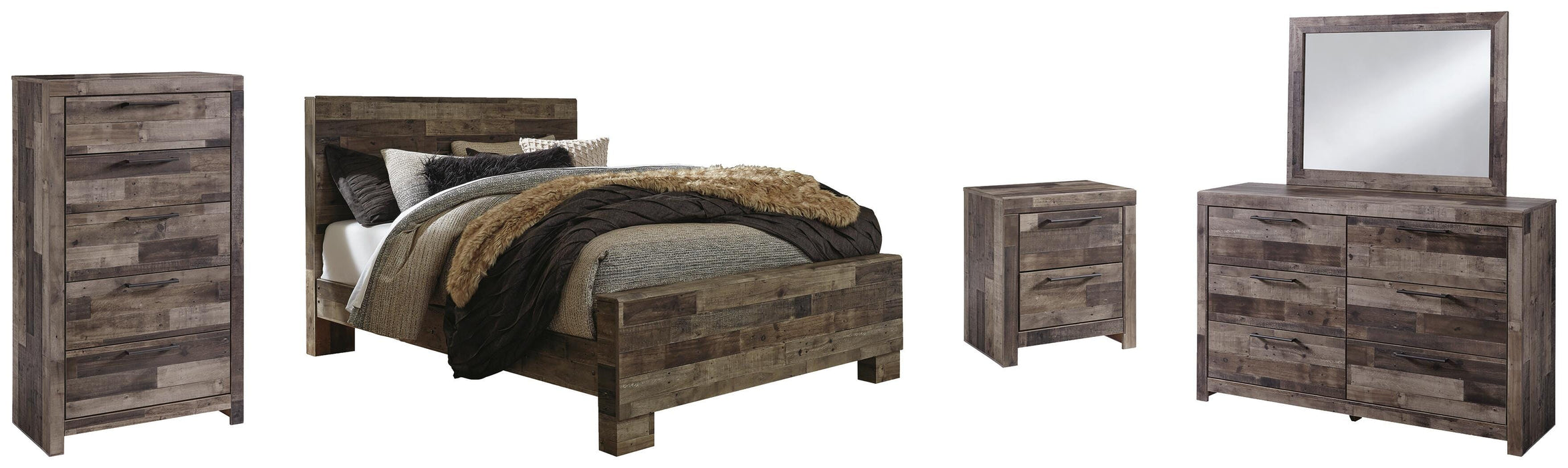 Derekson Multi Gray Derekson Queen Panel Bed with Mirrored Dresser, Chest and Nightstand