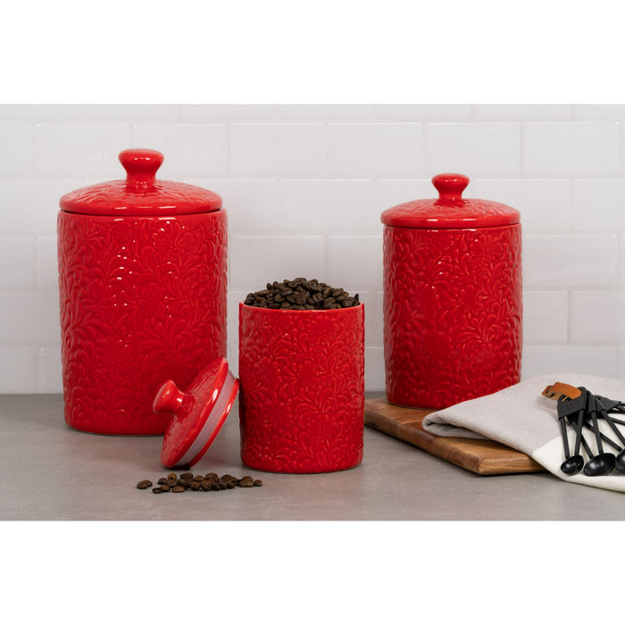 10 Strawberry Street Fleur Embossed 3 Piece Ceramic Canister Set, Red - new