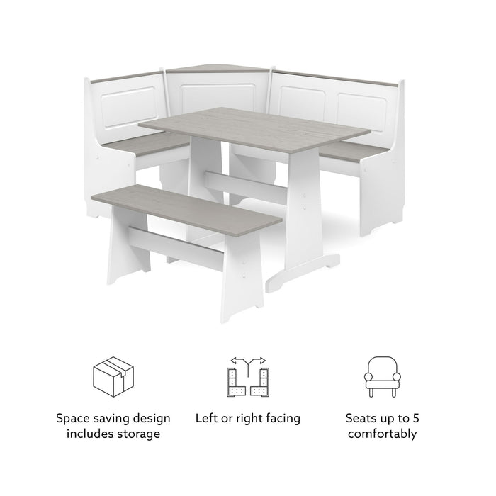 Linon Ardmore Indoor Farmhouse Corner Dining Breakfast Nook with Table and Storage, Seats 5, White/Gray - new