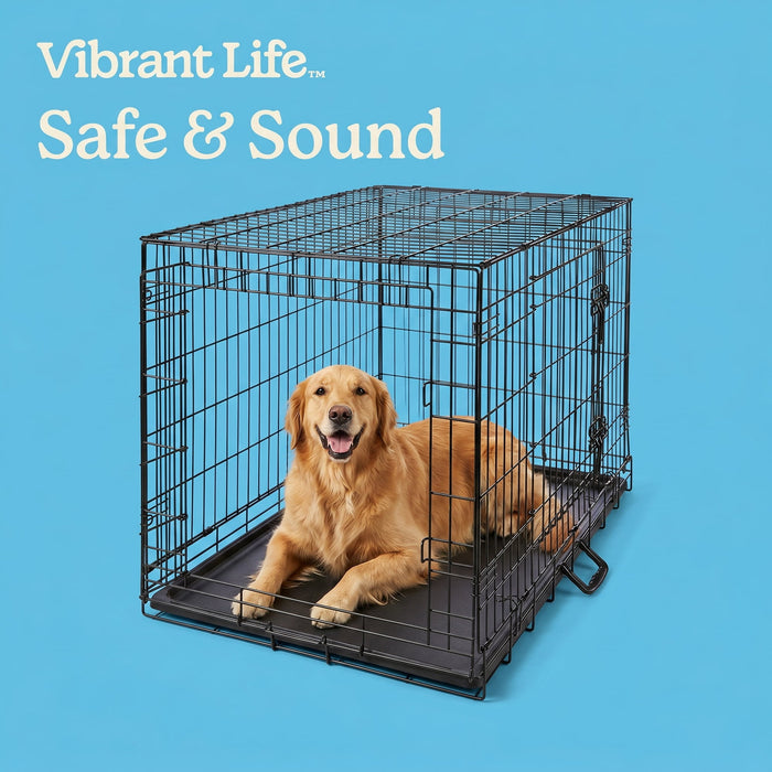 Vibrant Life Wire Dog Crate, Double-Door, Divider and Leak-Proof Tray, Metal, Foldable, Durable, Black, 36 in - new