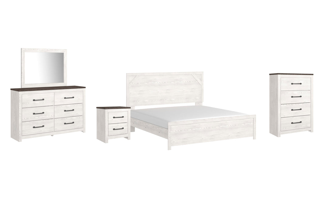 Gerridan White/Gray Gerridan King Panel Bed with Mirrored Dresser, Chest and Nightstand