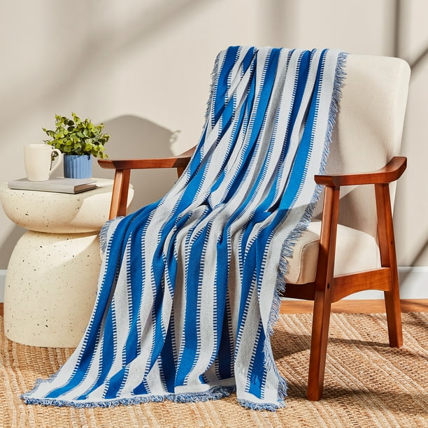 Mainstays by Becky G. & Alejandra Tapestry Knit Throw, Blue Stripe, 50" x 60" - open_box