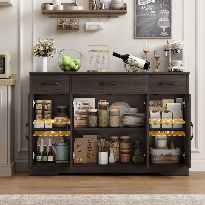 Homfa Buffet Cabinet with 3 Drawers and 4 Doors, 55.1” W Kitchen Sideboard Storage Cabinet with Adjustable Shelves, Farmhouse Coffee Bar Cabinet for Dining Room, Dark Brown - new