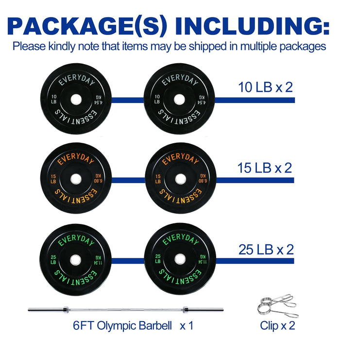 BalanceFrom Olympic Bumper Plate Weight Plate with Steel Hub, Black, 100 lbs Set with 6FT Olympic Barbell and Clips, Multiple Packages - new