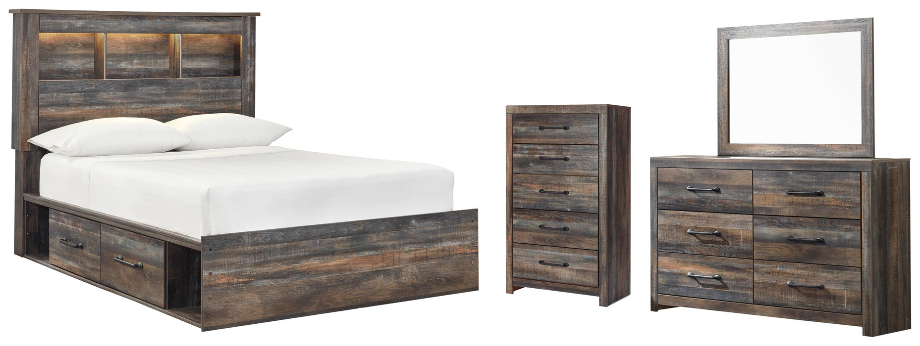 Drystan Multi Drystan Full Bookcase Bed with 2 Storage Drawers with Mirrored Dresser and Chest