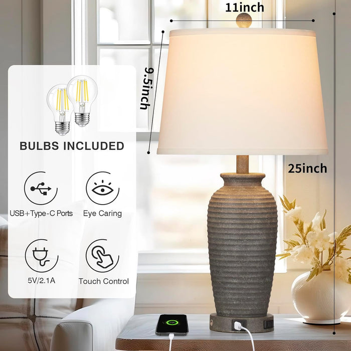 25" Farmhouse Jar Table Lamps Set of 2, 3 Way Touch Control Rustic Bedside Lamps with USB A+C Ports & AC Outlet, Pot Nightstand Lamps for Bedroom Living Room (LED Bulbs Included) - new