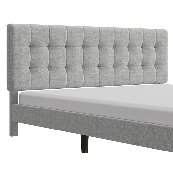 Mainstays Hillside Square Tufted Upholstered King Platform Bed, Light Gray Fabric - new