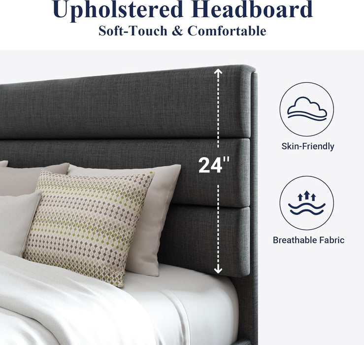 Allewie Queen Size Platform Bed Frame with Fabric Upholstered Headboard and Wooden Slats Support, Fully Upholstered Mattress Foundation/No Box Spring Needed/Easy Assembly, Dark Grey - new