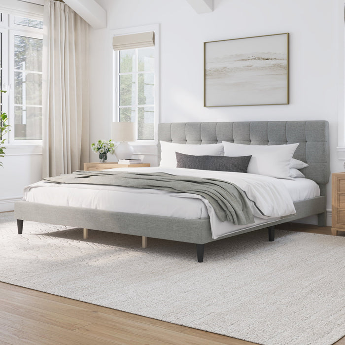 Mainstays Hillside Square Tufted Upholstered King Platform Bed, Light Gray Fabric - new