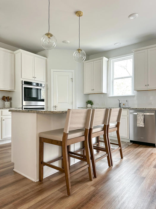 Nathan James Linus Modern Upholstered Counter Height Bar Stool with Back and Solid Rubberwood Legs in a Dark Brown Wood, Natural Light Grey/Brown, - new