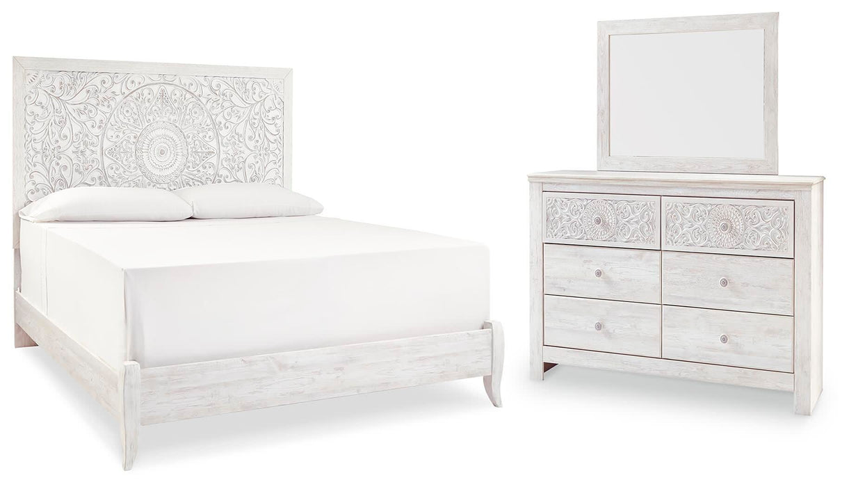 Paxberry Whitewash Paxberry King Panel Bed with Mirrored Dresser
