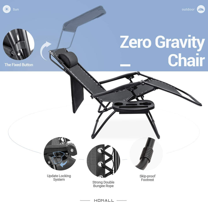 Homall Zero Gravity Chair Patio Lawn Chair Lounge Chair Folding Recliner Adjustable Outdoor with Canopy Shade,Cup Holder (Black) - new