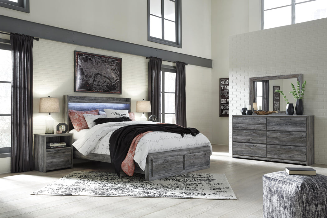Baystorm Gray Baystorm Queen Panel Bed with 2 Storage Drawers with Mirrored Dresser and Nightstand - Brand New
