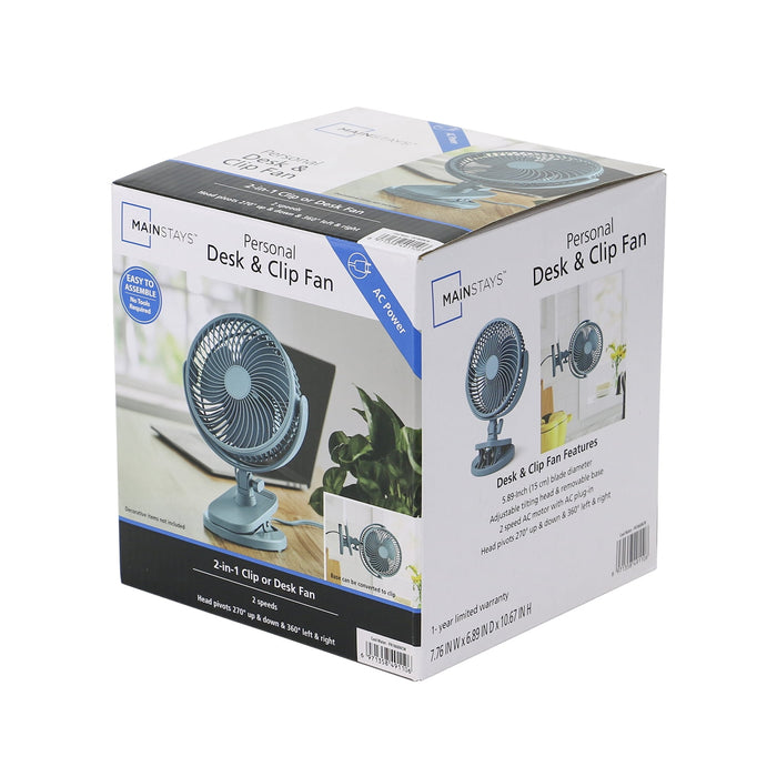 Mainstays 6-inch New Desktop or Clip-on AC Electric Personal Indoor Fan with 2 Speeds, Cool Water - new
