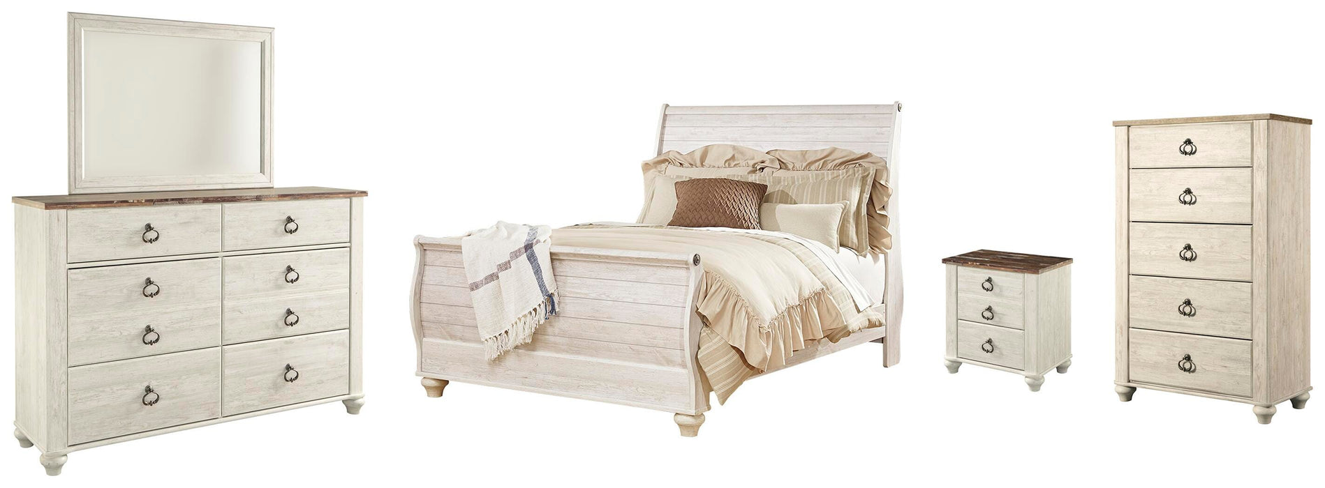 Willowton Whitewash Willowton Queen Sleigh Bed with Mirrored Dresser, Chest and Nightstand