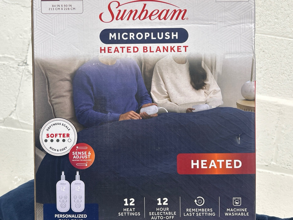 Sunbeam Electric Heated Bed Blanket Navy Soft Microplush 12 Heat Settings Queen 90 x 84 - new