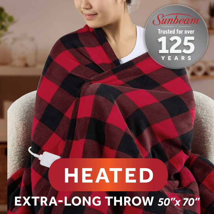 Sunbeam Electric Heated Throw Red/Black Plaid Microplush Faux Shearling 4 Heat 50x70 - new