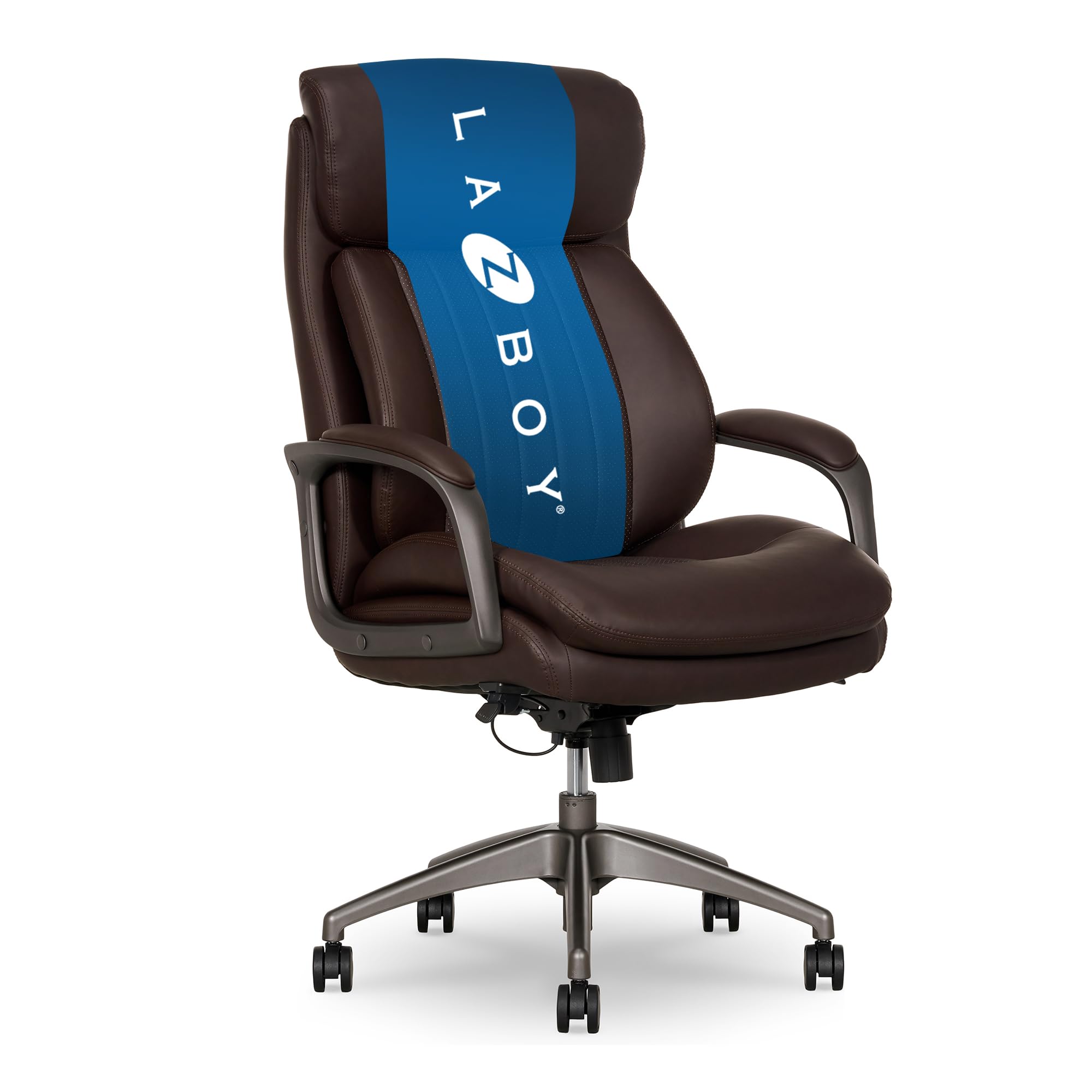 La-Z-Boy Nova Vegan Leather Modern Executive Ergonomic Design Office Chair, Memory Foam Thick Contoured Seat Back with Patented Lumbar Support Technology, Soft to Medium Sit Comfort, Brown - open_box